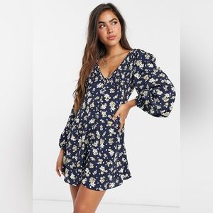 Shirred V neck button down mini tea dress